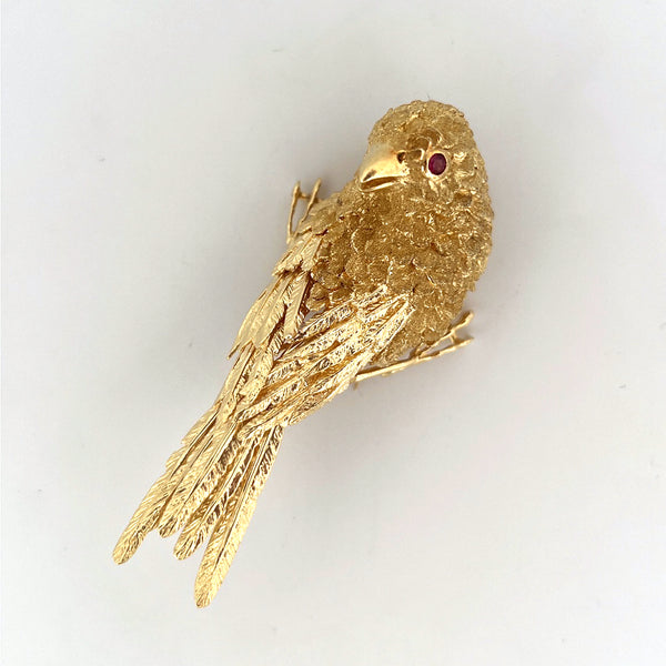 18kt Gold Antique Bird of Paradise Ruby Brooch